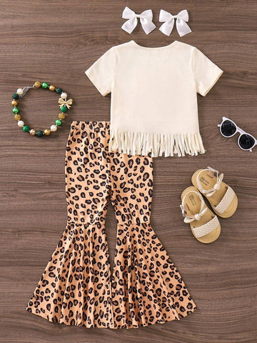 Young Girl Knitted Solid-Colored Letter Pattern Round Neck Fringe Detail Casual Top & Knitted Leopard Bell Bottom Pants Set