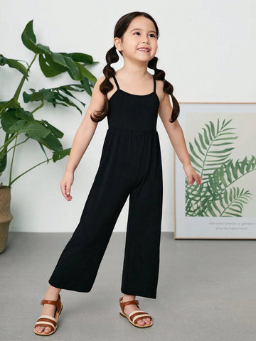 Young Girl Knitted Solid Color Jumpsuit With Spaghetti Straps, Casual And Slim-Fit
