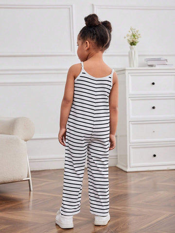 Young Girl Knitted Stripe Sleeveless Loose Casual Jumpsuit With Shoulder Straps