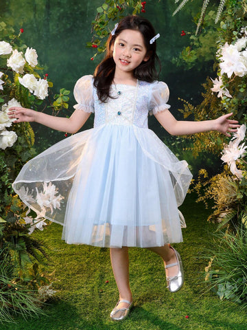 Young Girl Mesh Square Neckline Bow Detail Bow Bubble Sleeve Dress 2024 New Children Princess Dress Summer Skirt
