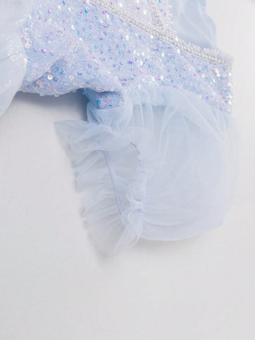 Young Girl Mesh Square Neckline Bow Detail Bow Bubble Sleeve Dress 2024 New Children Princess Dress Summer Skirt