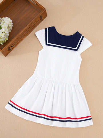 Young Girl Navy Collar Color Blocking Covered Sleeve Dress For Summer