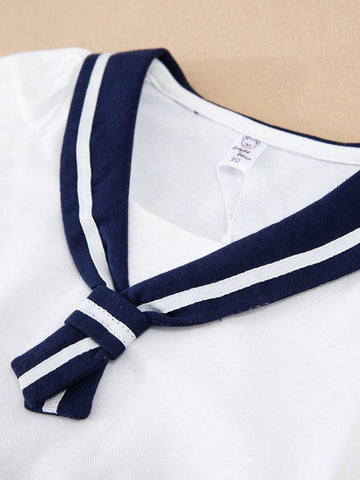 Young Girl Navy Collar Color Blocking Covered Sleeve Dress For Summer
