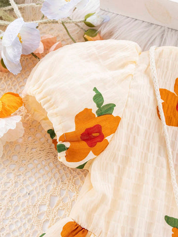 Young Girl Orange Flower Puff Sleeve Summer Dress