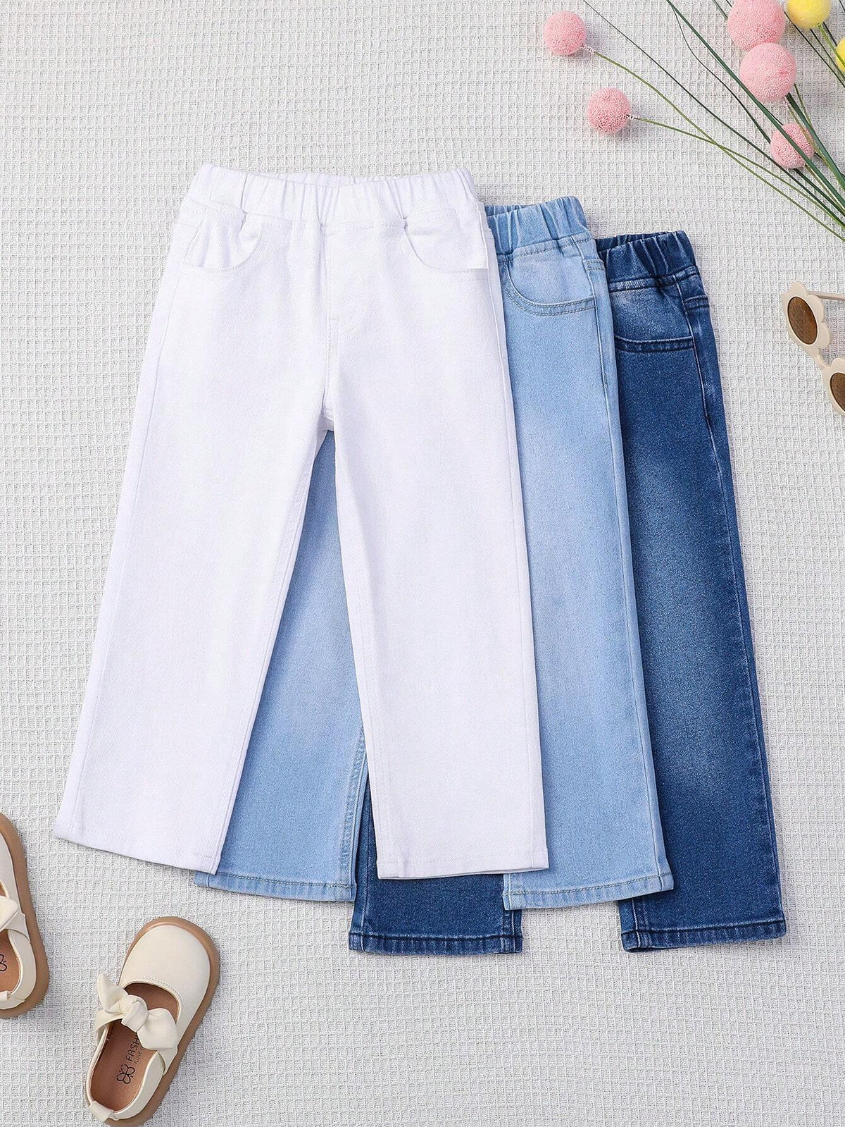 Young Girl Set Of 3 Elastic And Slim Fit Casual Jeans With Pockets