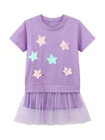 Young Girl Short Sleeve Summer Round Neck Sporty And Casual Comfortable European And American Style Princess Dress With Star Patchwork And Sequins Embellishment