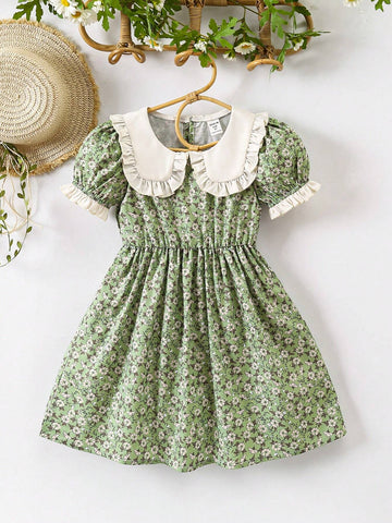 Young Girl Small French Style Vintage Countryside Floral Dress With Frill Trim, Doll Collar, Sweet & Lovely, Spring Summer New Arrival