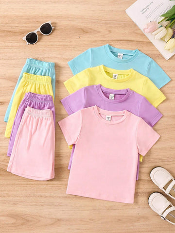Young Girl Solid Color Simple Short Sleeve T-Shirt And Shorts Set In Multiple Colors For Summer