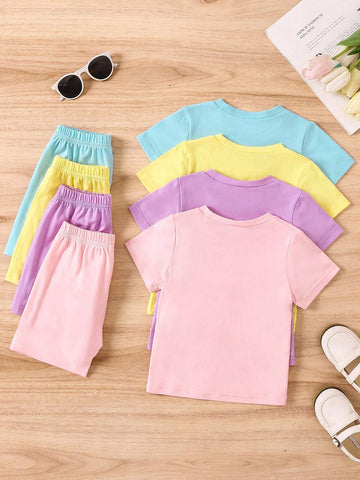 Young Girl Solid Color Simple Short Sleeve T-Shirt And Shorts Set In Multiple Colors For Summer