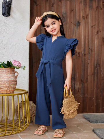 Young Girl Solid Color Woven V-Neck Ruffle Trim Loose Fit Casual Jumpsuit With Elastic Cuffs