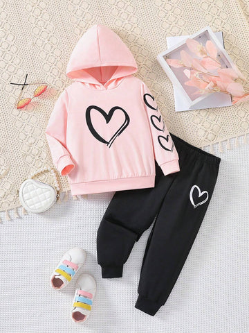 Young Girl Spring/Autumn Heart Print Long Sleeve Hoodie And Pants Set For Daily Wear
