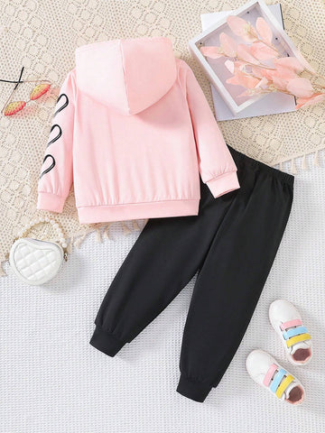Young Girl Spring/Autumn Heart Print Long Sleeve Hoodie And Pants Set For Daily Wear