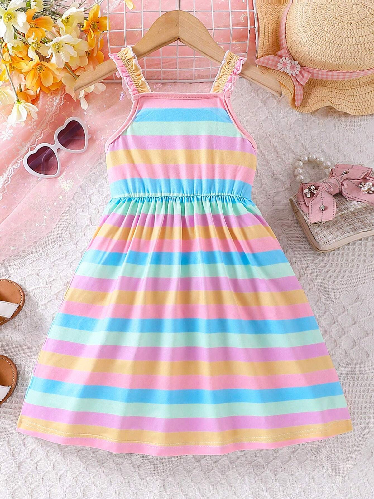 Young Girl Striped Print Colorblock Frill Trim Cami Dress For Summer