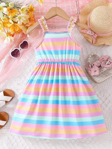 Young Girl Striped Print Colorblock Frill Trim Cami Dress For Summer