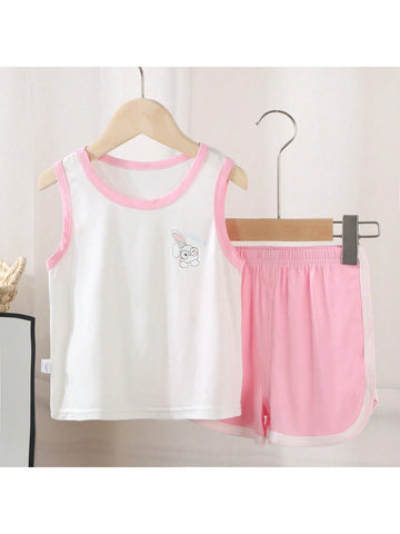 Young Girl Summer Casual Fashionable Thin Cartoon Printed Contrast Trim Tank Top And Shorts Set
