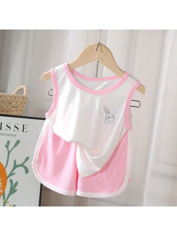 Young Girl Summer Casual Fashionable Thin Cartoon Printed Contrast Trim Tank Top And Shorts Set