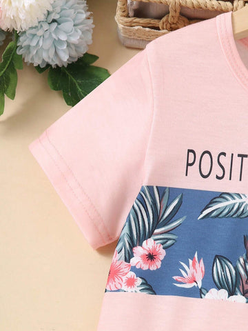 Young Girl Summer Casual Plant And Letter Printed Patchwork Short Sleeve T-Shirt And Shorts Set