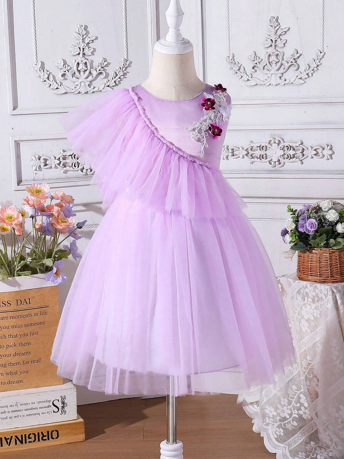 Young Girl Summer Elegant Dress With 3D Floral Decor, Mesh Paneling And Ruffle Hem On The Neckline