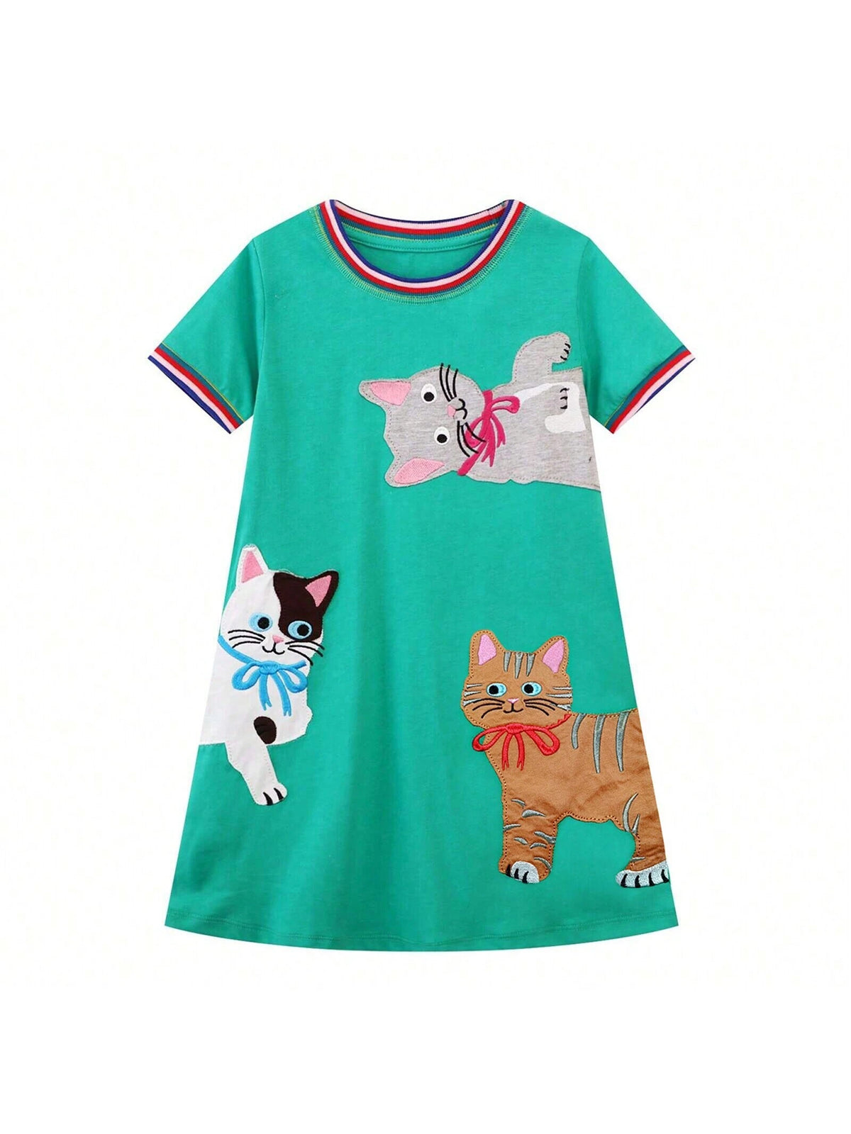 Young Girl Summer Green Casual Dress With Cartoon Animal Three Cats Pattern