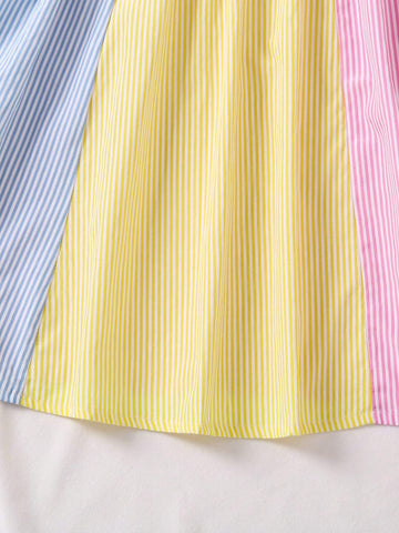 Young Girl Sweet And Cute Colorblock Striped Ruffle Trim Dress