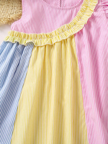 Young Girl Sweet And Cute Colorblock Striped Ruffle Trim Dress