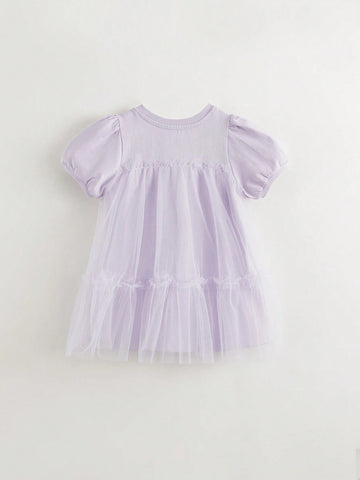 Young Girl Sweet Bubble Sleeve Mesh Patchwork Round Neck Short Sleeve Dress For Summer