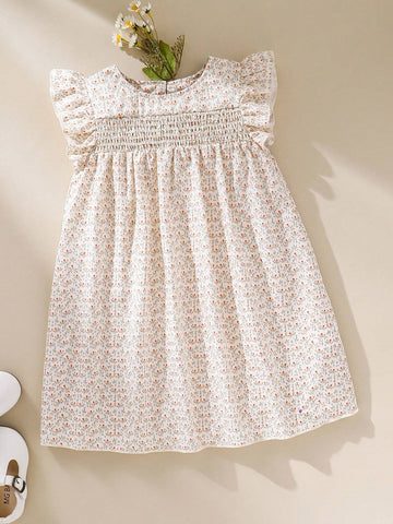 Young Girl Vintage Floral Printed Dress With Ruffles Hem For Summer Vacation
