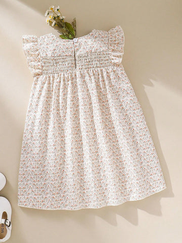 Young Girl Vintage Floral Printed Dress With Ruffles Hem For Summer Vacation