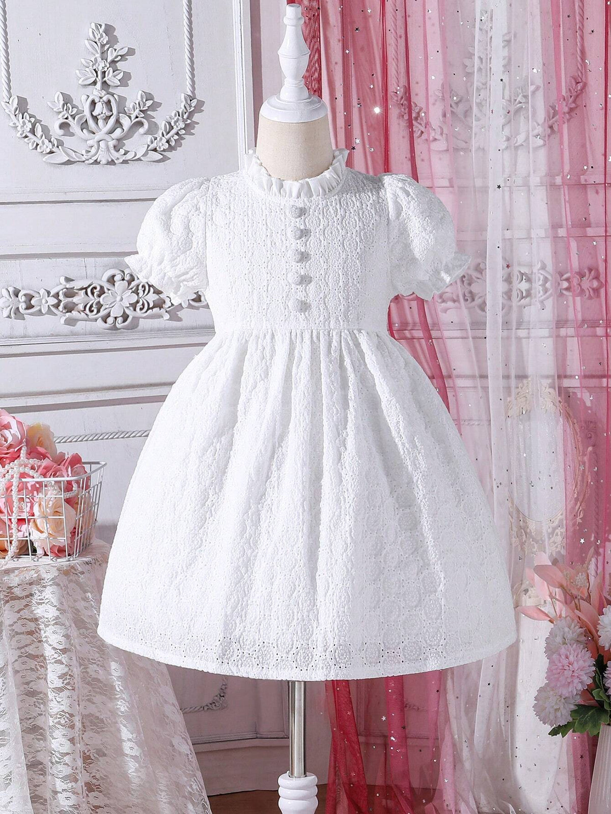 Young Girl Woven Pointelle Embroidery Elegant Dress With Ruffle Neckline And Puff Sleeves, Perfect For Birthday Party