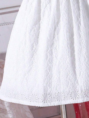 Young Girl Woven Pointelle Embroidery Elegant Dress With Ruffle Neckline And Puff Sleeves, Perfect For Birthday Party