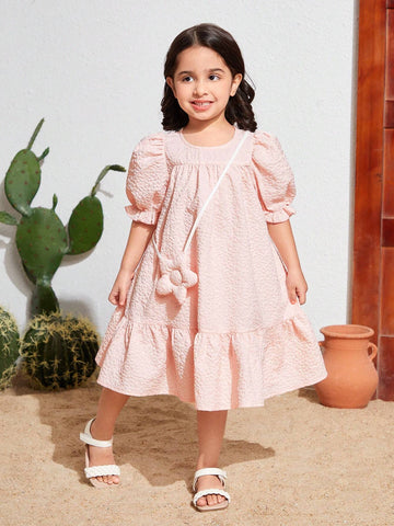 Young Girl Woven Solid Color Loose Fit Bubble Sleeve Casual Dress With Crossbody Bag