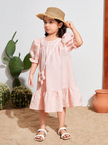 Young Girl Woven Solid Color Loose Fit Bubble Sleeve Casual Dress With Crossbody Bag