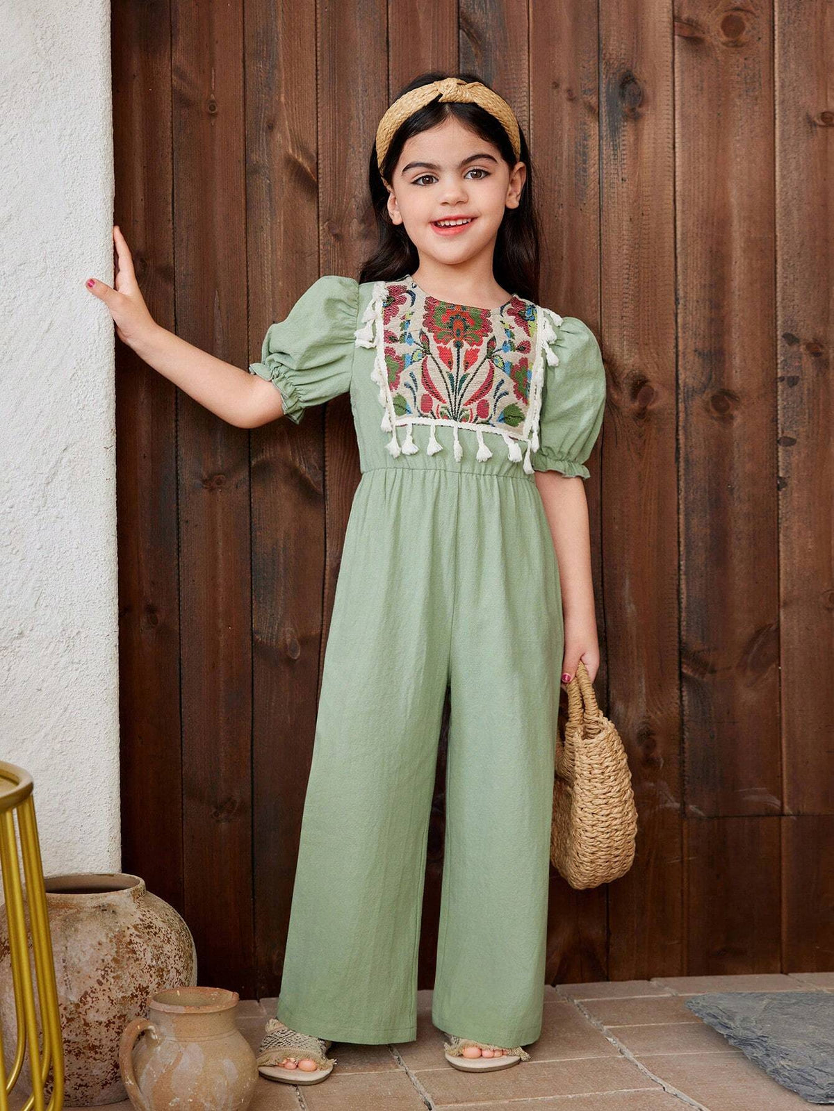 Young Girl Woven Solid Color Round Neck Bubble Sleeve Patchwork Floral Loose Casual Jumpsuit For Holiday