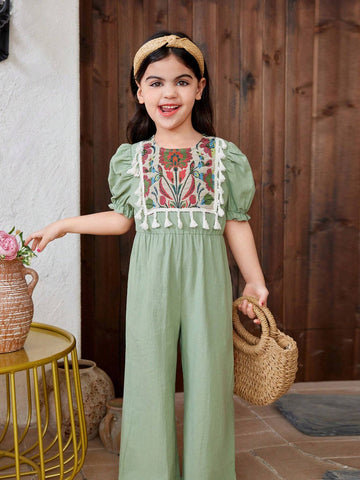 Young Girl Woven Solid Color Round Neck Bubble Sleeve Patchwork Floral Loose Casual Jumpsuit For Holiday