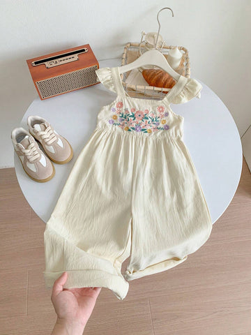 Young Girl Woven Solid Color Sleeveless Embroidered Loose Casual Strap Jumpsuit