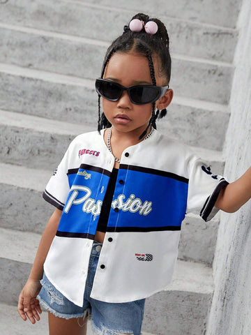 Young Girl Woven Street Style Loose Fit Casual Outerwear Shirt With Letter Graphic Print