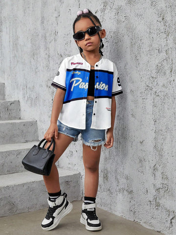 Young Girl Woven Street Style Loose Fit Casual Outerwear Shirt With Letter Graphic Print