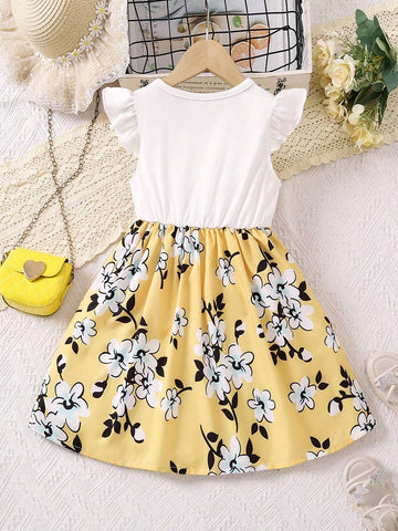 Young Girl Yellow Floral Holiday Dress With Bowknot, 3D Design, Casual, Elegant And Ladylike Style For Spring, Summer And Autumn