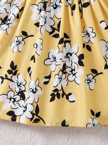Young Girl Yellow Floral Holiday Dress With Bowknot, 3D Design, Casual, Elegant And Ladylike Style For Spring, Summer And Autumn