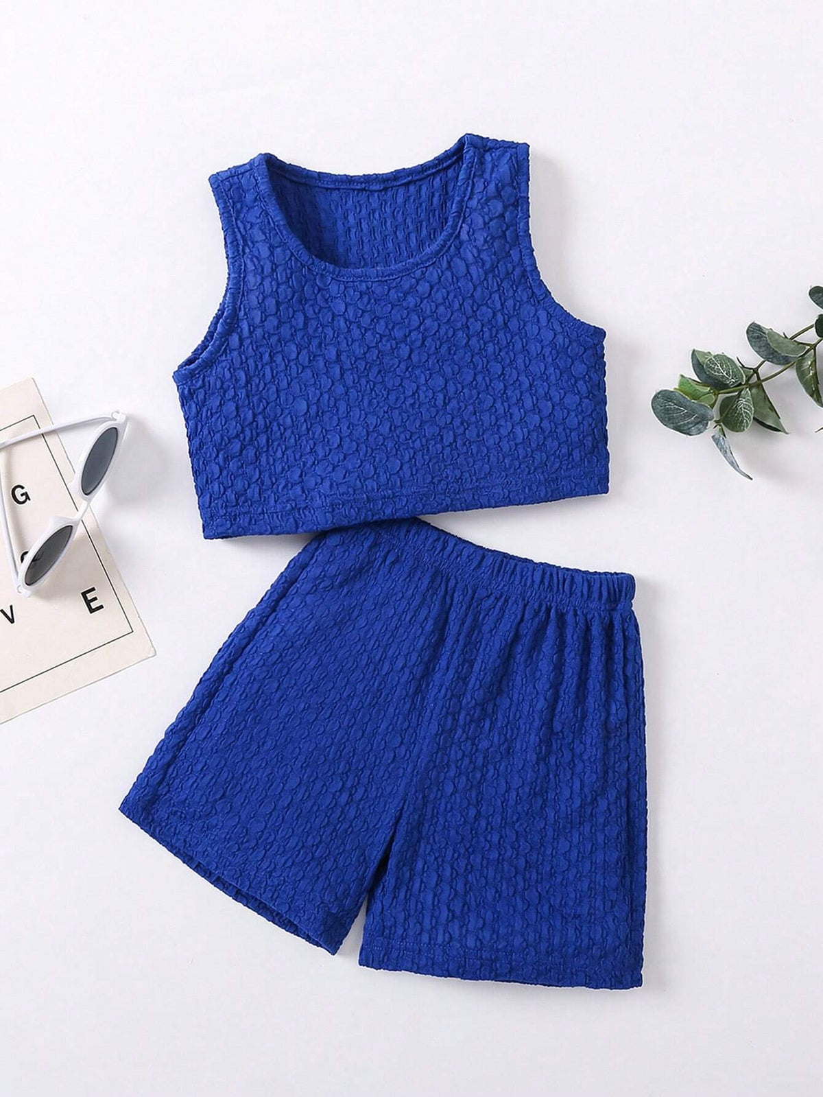 Young Girls' 2pcs/Set Casual/Sporty/Streetstyle Blue Bubble Texture Tank Top & Shorts Outfit For Summer