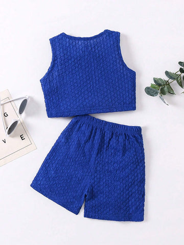 Young Girls' 2pcs/Set Casual/Sporty/Streetstyle Blue Bubble Texture Tank Top & Shorts Outfit For Summer