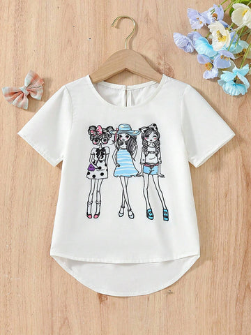 Young Girls' Back-To-School Season Printed Round-Neck Short Sleeve Asymmetrical Hem T-Shirt, Perfect For Vacation, Travel, Party In Summer