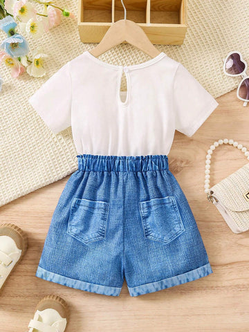 Young Girls' Beach Play Casual Fashion Cartoon Printed Denim-Look Jumpsuit For Summer