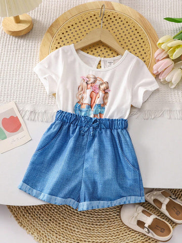 Young Girls' Beach Play Casual Fashion Cartoon Printed Denim-Look Jumpsuit For Summer