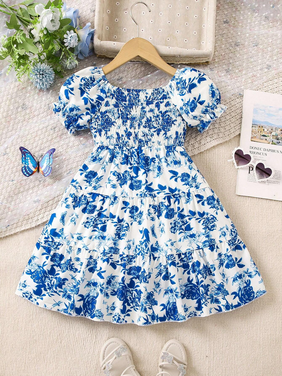 Young Girls' Blue Floral Off-Shoulder Bubble Sleeve Dress