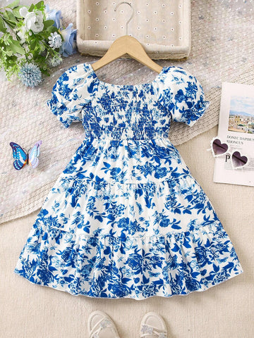 Young Girls' Blue Floral Off-Shoulder Bubble Sleeve Dress