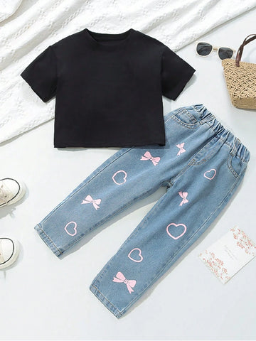 Young Girls' Casual And Cute Pink Heart & Bow Printed Fully Elasticated Waist Balloon Jeans