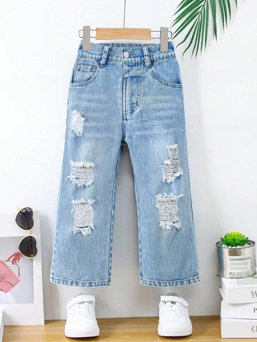 Young Girls Casual Cat Whisker Distressed Straight Jeans For Daily Wear