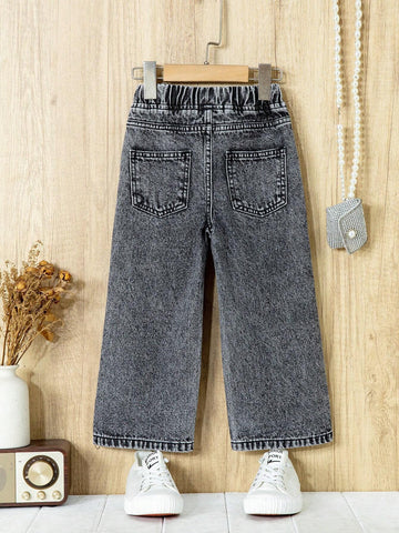 Young Girls Casual Daily Dark Grey Ripped Relax Straight Jeans