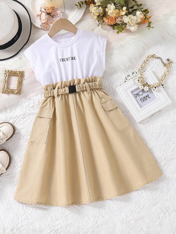 Young Girls Casual Sleeveless Khaki Dress With Pocket Design And Contrast Color Block, Summer